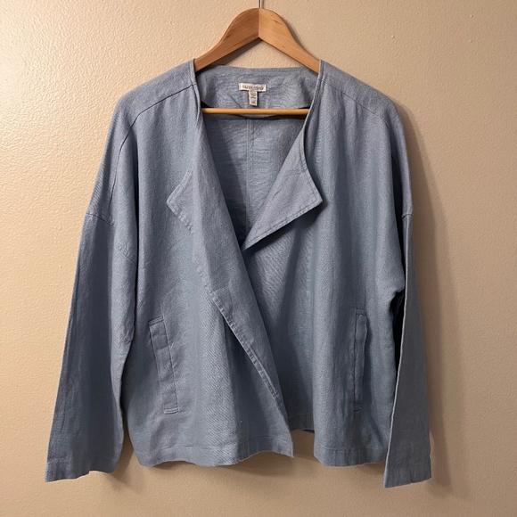 Eileen Fisher Heavy Organic Linen Draped Open Front Jacket Light Blue Size M - Picture 6 of 12
